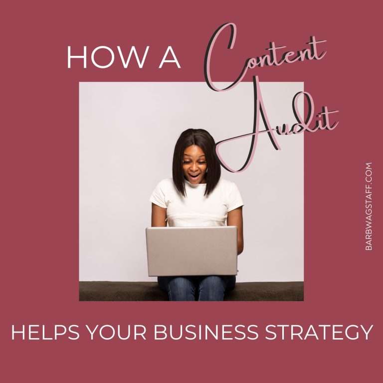 How a content audit helps your business strategy. Written around a woman looking happily at her laptop.