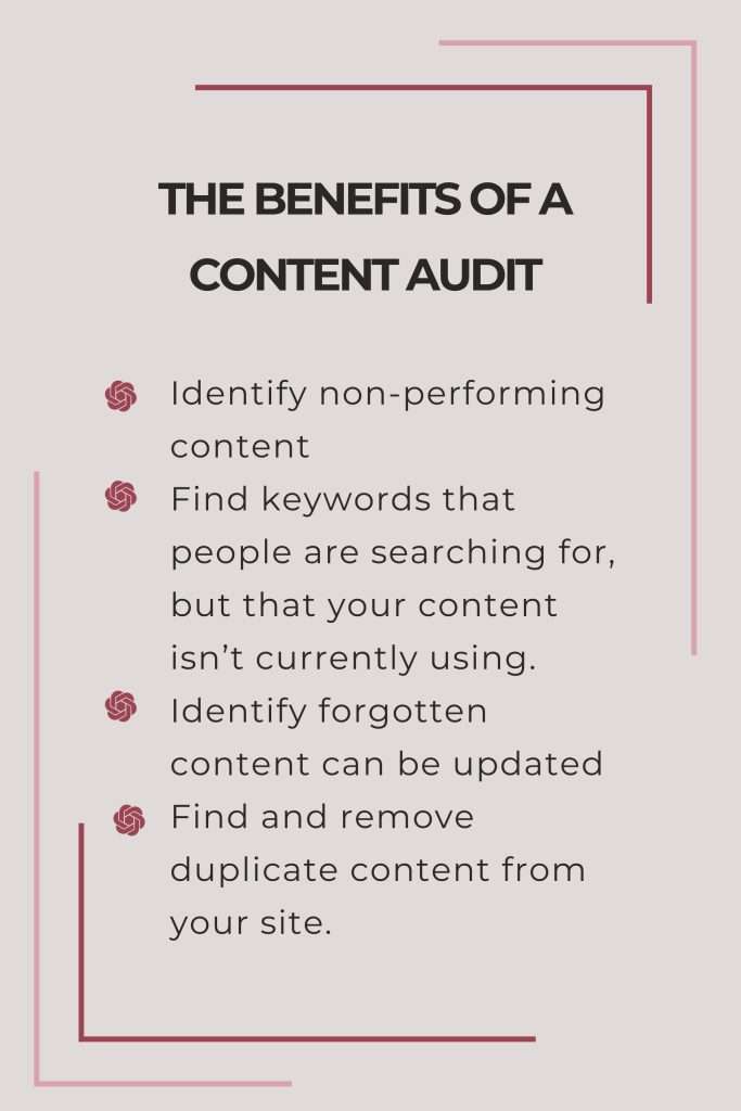 The Benefits of a content audit...Identify non-performing content 
Find keywords that people are searching for, but that your content isn’t currently using. 
Identify forgotten content can be updated
Find and remove duplicate content from your site.