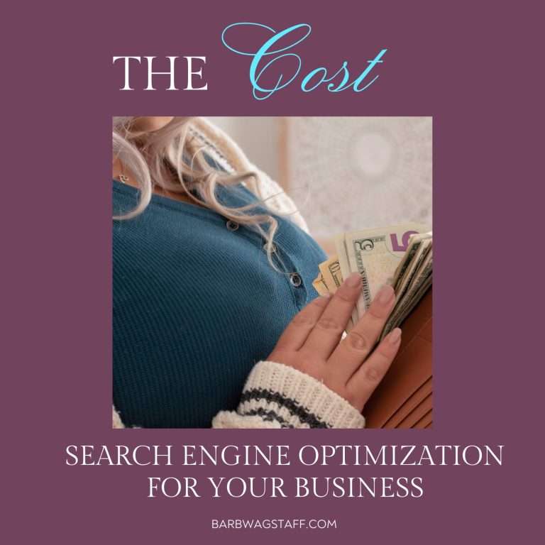 The cost of search engine optimization for your business written on a burgundy square with an image in the center of a women in a teal shirt counting her American money.