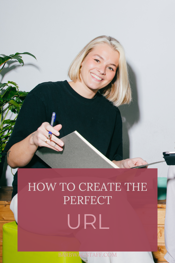 Woman consulting her notes with the text "how to create the perfect URL"