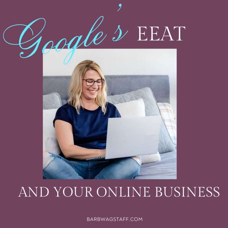 Google's EEAT and your online business written on a burgundy background. An image of a blonde woman smiling at her laptop as she sits cross-legged on her bed.