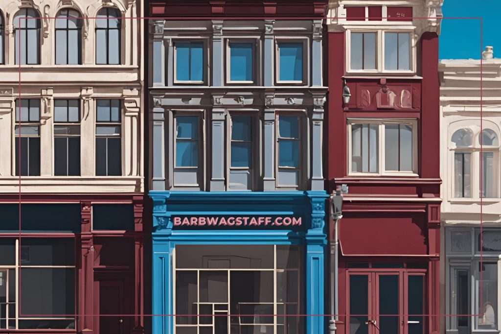 various coloured storefronts with no defining names except for one that reads barbwagstaff.com