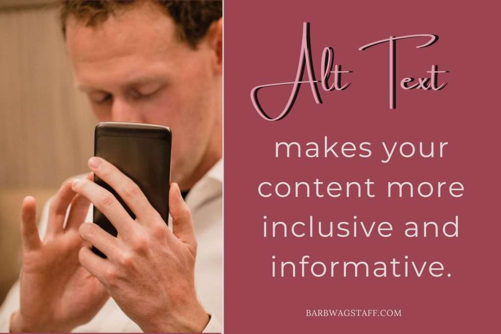 blind man with dark hair listening to his screen reader on the left of the image. On the right is the text "Alt Tex makes your content more inclusive and informative."