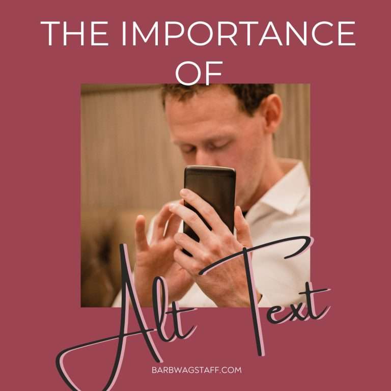 The importance of alt text written in white on a burgundy background. An image of a visually impaired man using a text to speech reader is set in the middle.