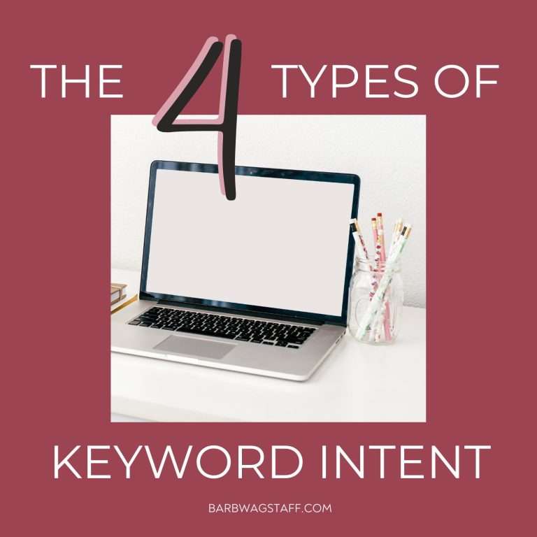 burgundy background with the text "the four types of keyword intent" surrounding an image of a laptop computer on a white desk