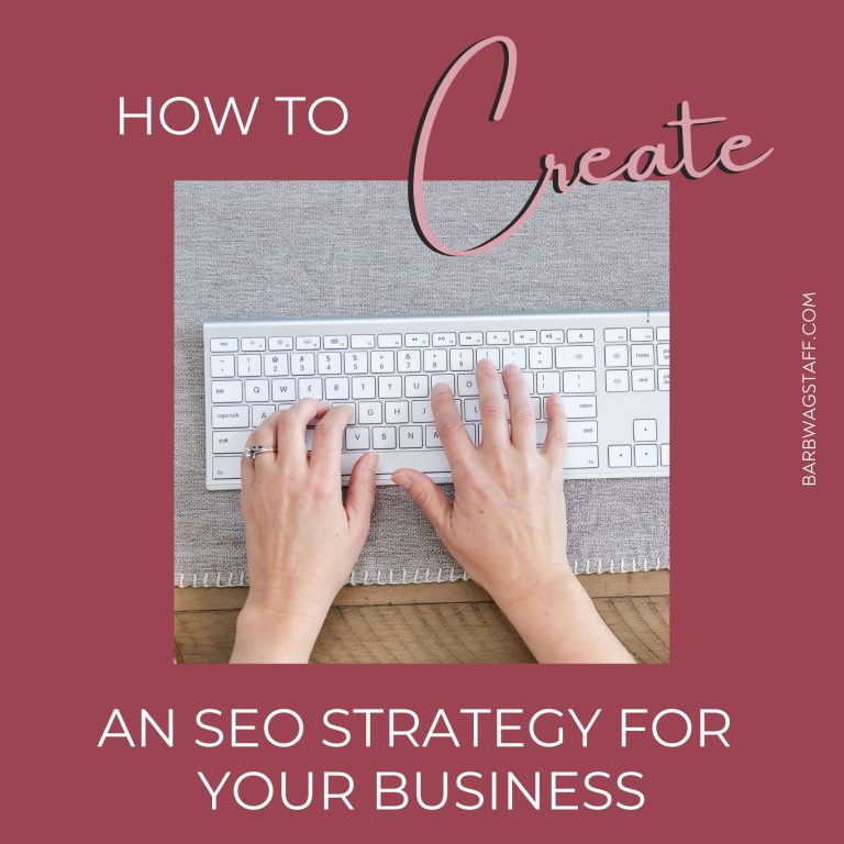 How to create an SEO strategy for your small business written on a burgundy square. An image of a woman's hands resting on a keyboard is in the middle.