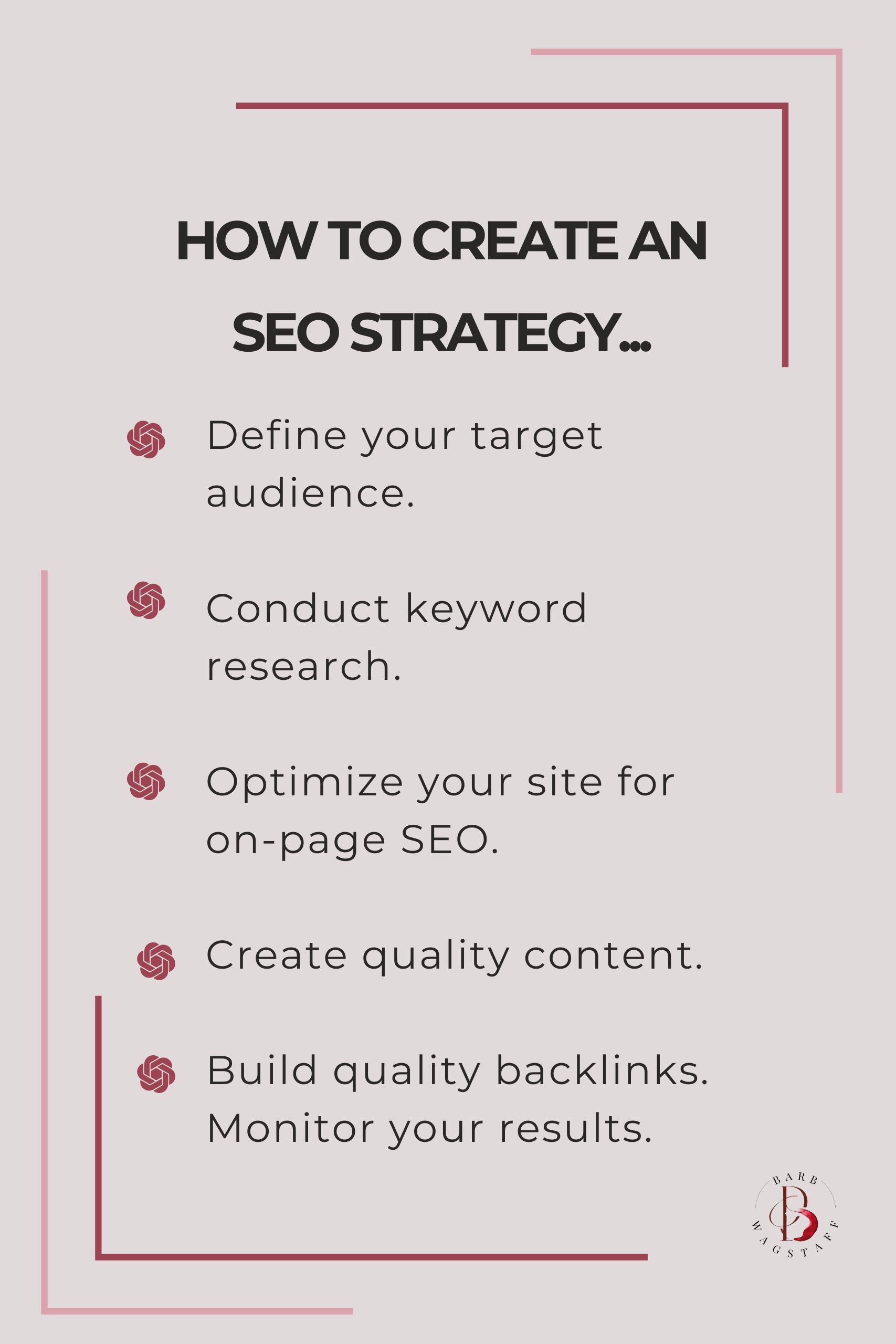 How to create an SEO Strategy: Define your target audience. Conduct keyword research Optimize your site for on-page SEO. Create high quality content. Build high quality backlinks. Monitor your results