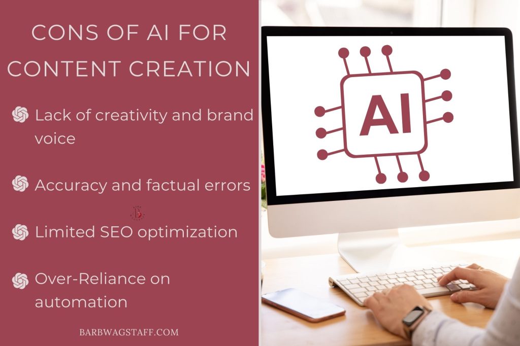 Cons of AI for content creation: Lack of creativity and brand voice
Accuracy and factual errors
Limited SEO optimization
Over-Reliance on automation