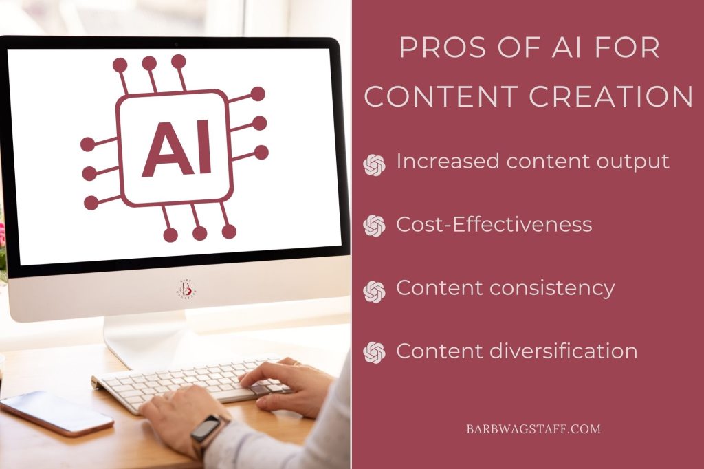 Computer with an "AI" logo on the left of the screen and the words "Pros of AI for Content Creation" followed by "ncreased Content Output Cost-Effectiveness Content Consistency Content Diversification"