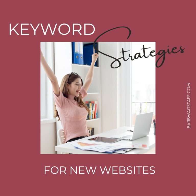 Keyword Strategies for new websites written in white. Image of woman in a pink shirt with hands raised in celebration looking at her computer in the center of a burgundy background.
