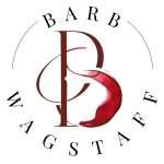 Barb Wagstaff written in a circle with a B in the center of a white background and wine spilling up the B