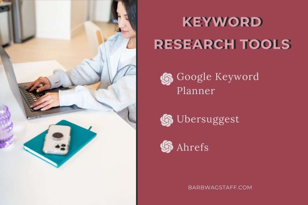 dark haired woman on a laptop wearing a grey sweatshirt on the left of the image. On the right is the text "Keyword Research Tools: Google Keyword Planner. Ubersuggest. Ahrefs.