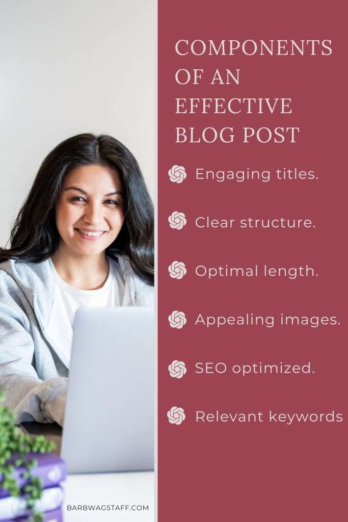 woman with dark hair and grey hoodie smiling over the screen of her laptop on the right. A black line down the middle and the text "Components of an effective blog post: engaging titles.
clear structure.
optimal length.
appealing images.
SEO optimized.
Relevant keywords" on the right.