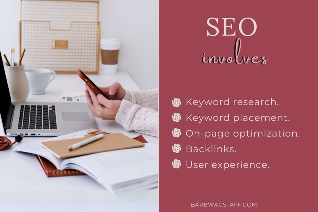 white office space with white desk. On the desk is a woman's hands using her cellphone in a brown case. On the desk are notebooks, and a pen. on the right side is a burgundy block of text that reads "SEO involves:Keyword research.
Keyword placement.
On-page optimization.
Backlinks.
User experience."