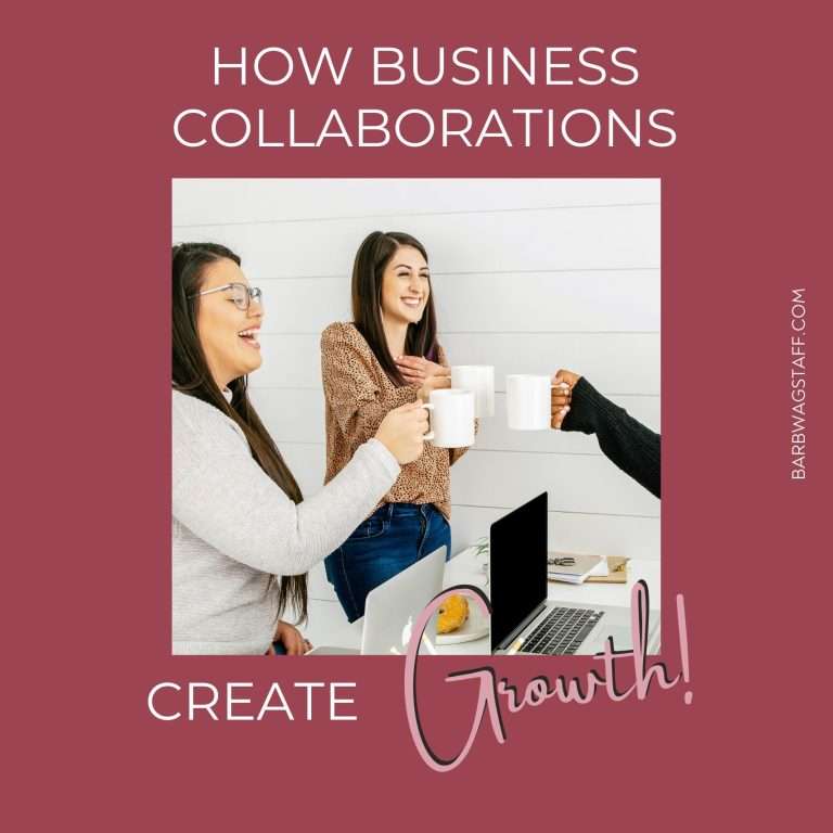 how business collaborations create growth! Women in the center of the image toasting each other with coffee over a desk with a laptop.