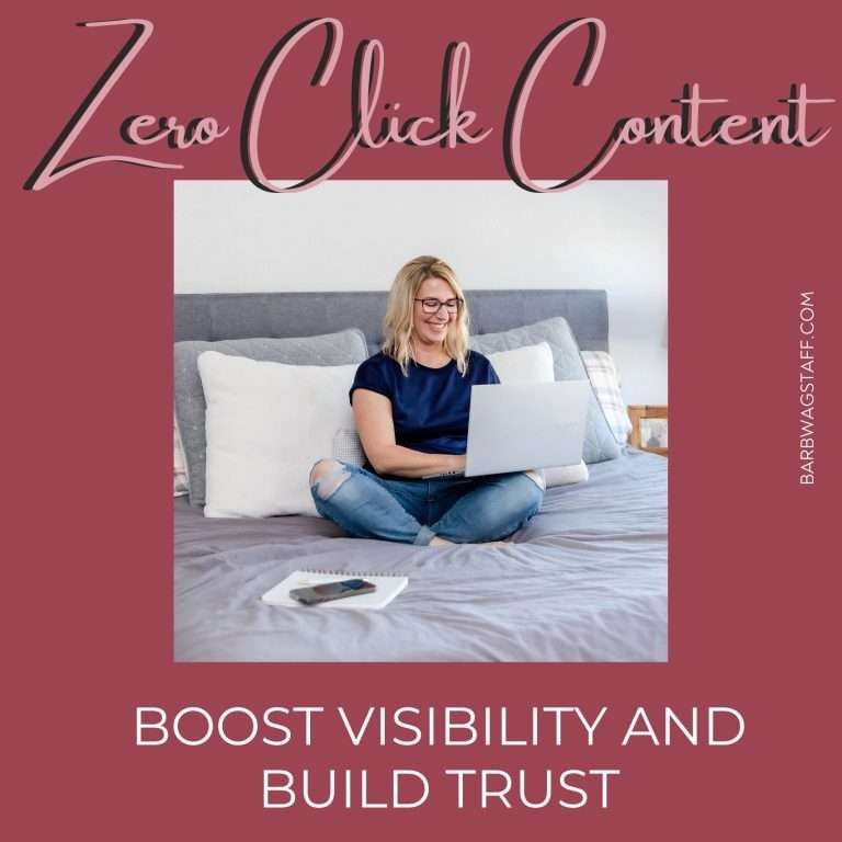 woman smiling while seeing the search results on her computer. Text "Zero click content. Boost visibility and build trust" frames the image.