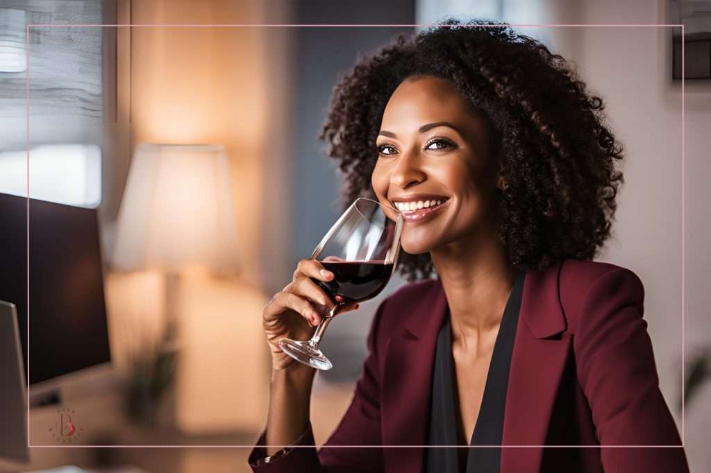 African American woman with a wine glass sitting in her office smiling at her business's success.