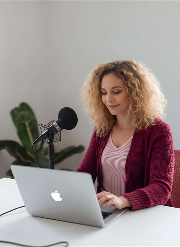woman sitting at her desk recording a podcast